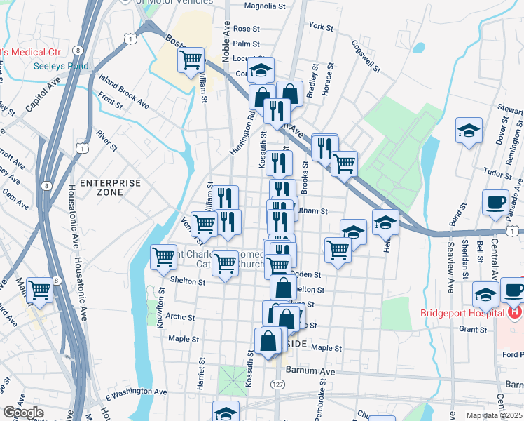 map of restaurants, bars, coffee shops, grocery stores, and more near 1168 Kossuth Street in Bridgeport