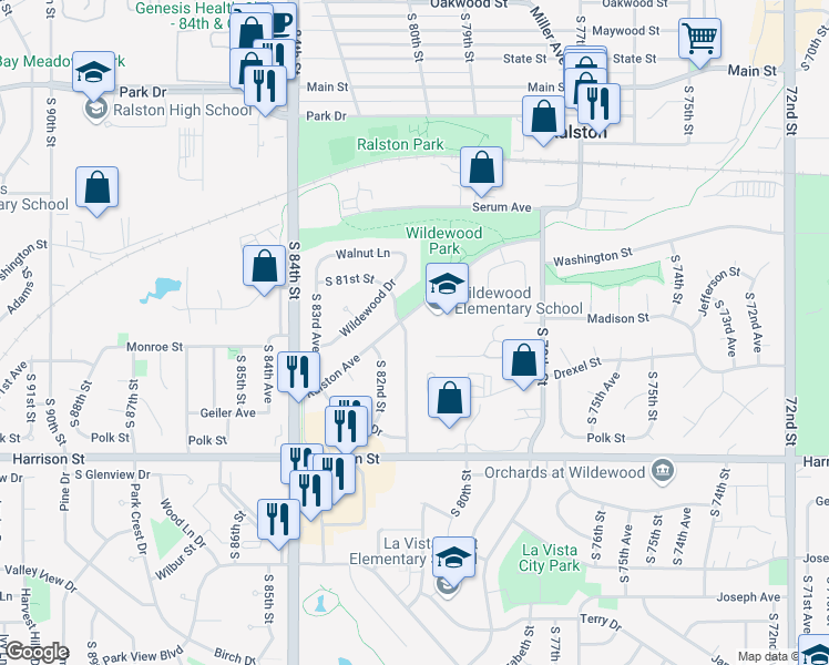 map of restaurants, bars, coffee shops, grocery stores, and more near 8071 Ralston Avenue in Ralston
