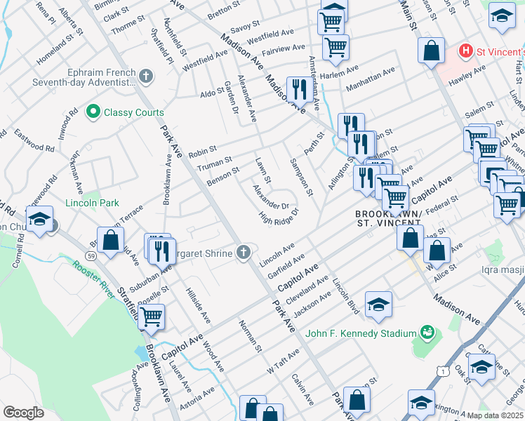 map of restaurants, bars, coffee shops, grocery stores, and more near 320 High Ridge Drive in Bridgeport