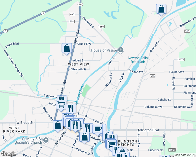 map of restaurants, bars, coffee shops, grocery stores, and more near 712 North Canal Street in Newton Falls