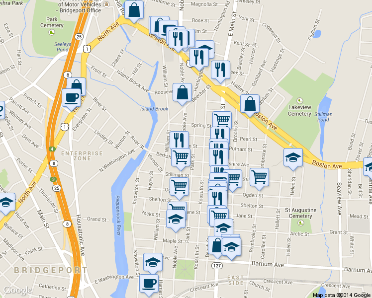 map of restaurants, bars, coffee shops, grocery stores, and more near 946 Noble Avenue in Bridgeport