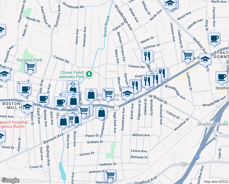 map of restaurants, bars, coffee shops, grocery stores, and more near 110 College Street in Stratford