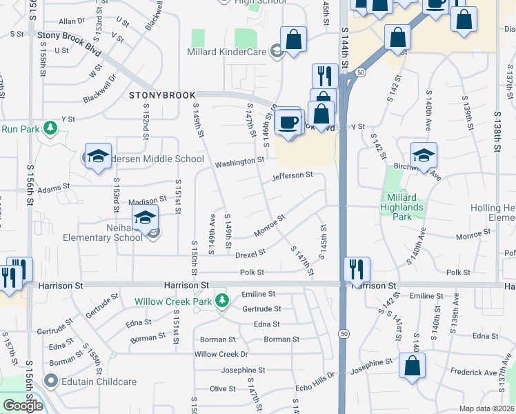 map of restaurants, bars, coffee shops, grocery stores, and more near 14712 Madison Circle in Omaha