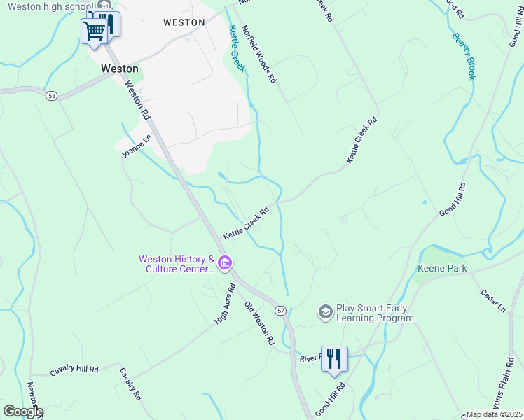 map of restaurants, bars, coffee shops, grocery stores, and more near 18 Kettle Creek Road in Weston