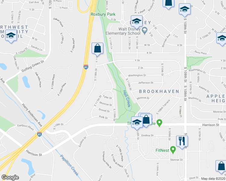 map of restaurants, bars, coffee shops, grocery stores, and more near 6503 South 116th Street in Omaha