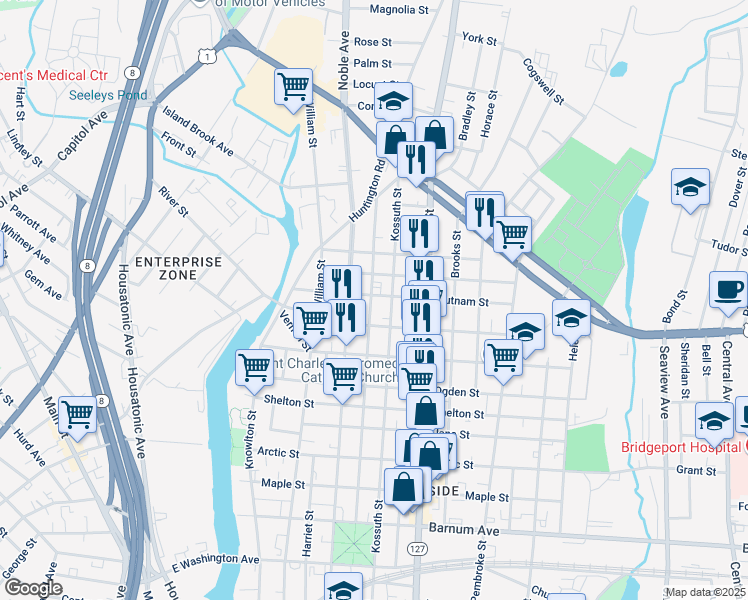 map of restaurants, bars, coffee shops, grocery stores, and more near 1168 Kossuth Street in Bridgeport