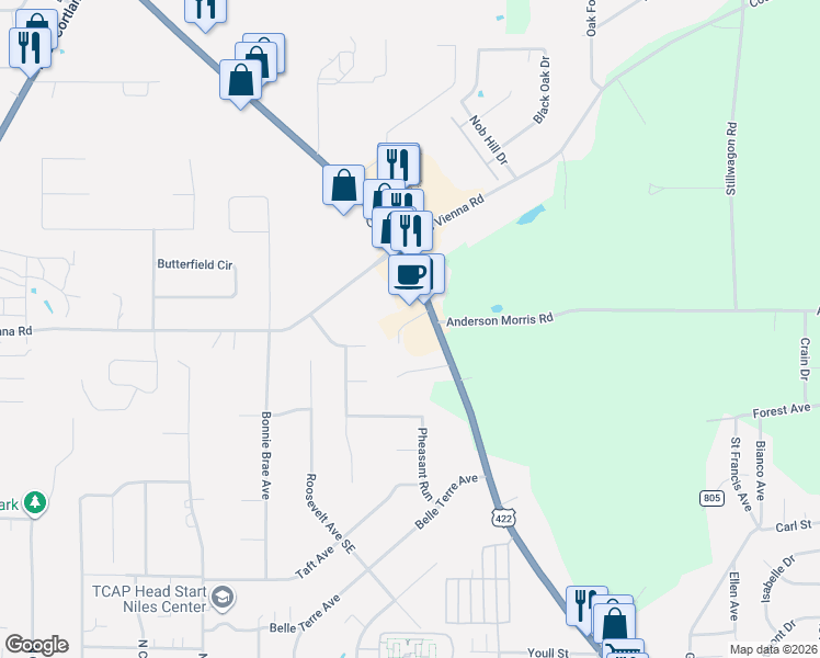 map of restaurants, bars, coffee shops, grocery stores, and more near 680 Youngstown Warren Road in Niles