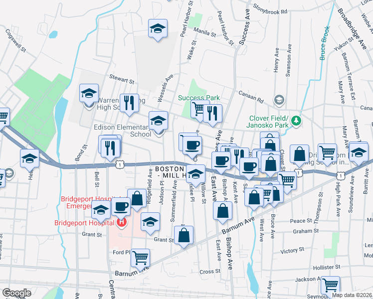 map of restaurants, bars, coffee shops, grocery stores, and more near 60 Hale Terrace in Bridgeport