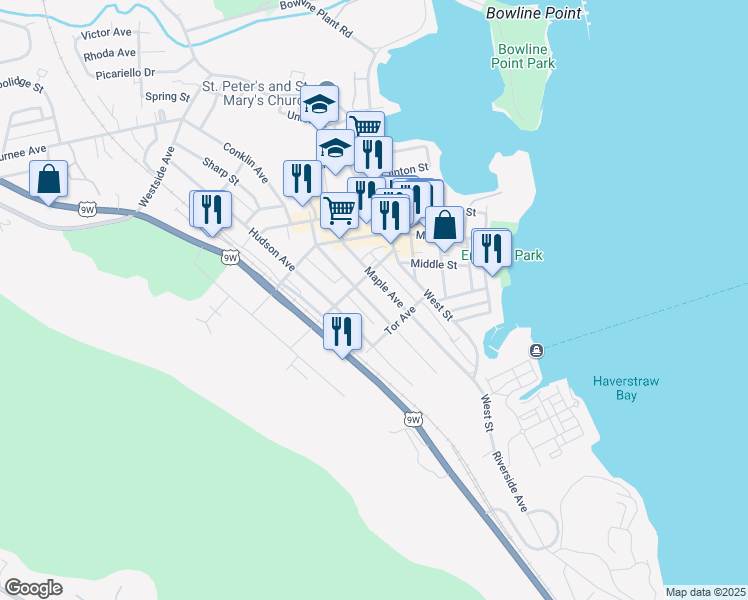 map of restaurants, bars, coffee shops, grocery stores, and more near 77 Clove Avenue in Haverstraw