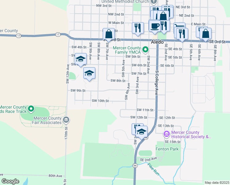 map of restaurants, bars, coffee shops, grocery stores, and more near 506 Southwest 9th Street in Aledo