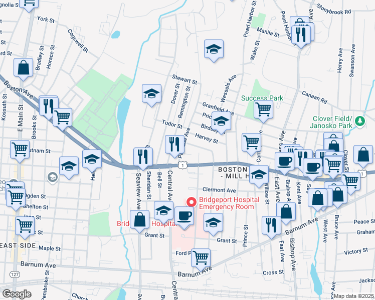 map of restaurants, bars, coffee shops, grocery stores, and more near 645 North Ridgefield Avenue in Bridgeport