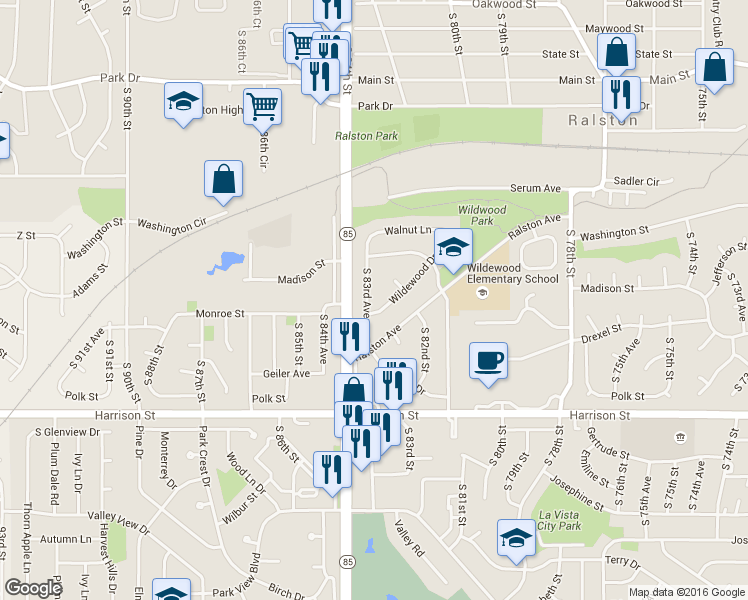 map of restaurants, bars, coffee shops, grocery stores, and more near 6633 South 83rd Avenue in Ralston