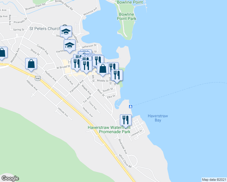 map of restaurants, bars, coffee shops, grocery stores, and more near 17 Van Houten Street in Haverstraw