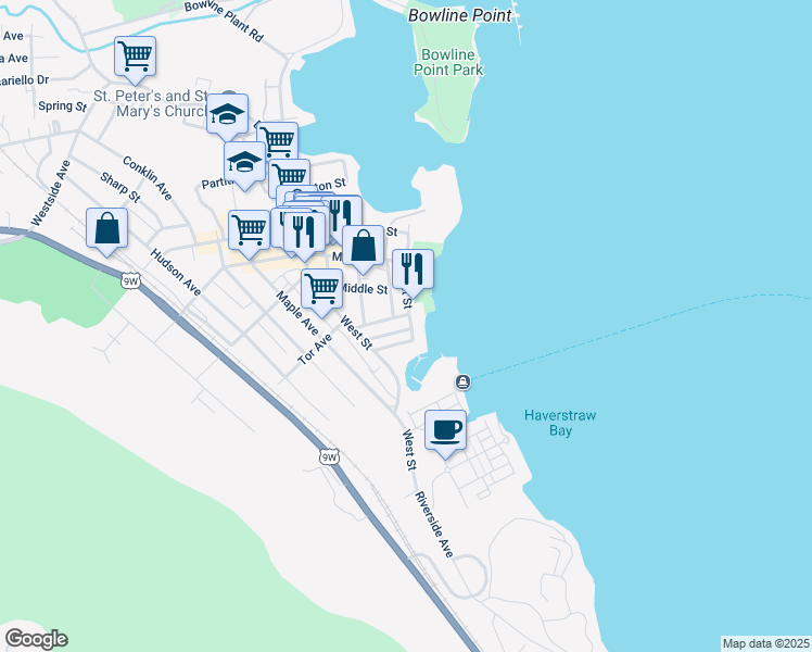 map of restaurants, bars, coffee shops, grocery stores, and more near 48 First Street in Haverstraw