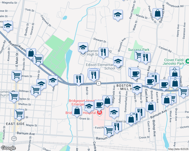 map of restaurants, bars, coffee shops, grocery stores, and more near 72 Remington Street in Bridgeport
