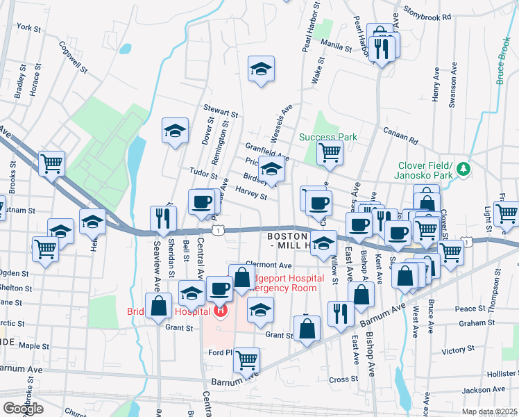 map of restaurants, bars, coffee shops, grocery stores, and more near 556 North Ridgefield Avenue in Bridgeport