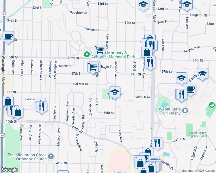 map of restaurants, bars, coffee shops, grocery stores, and more near 3760 Fowler Avenue in Ogden