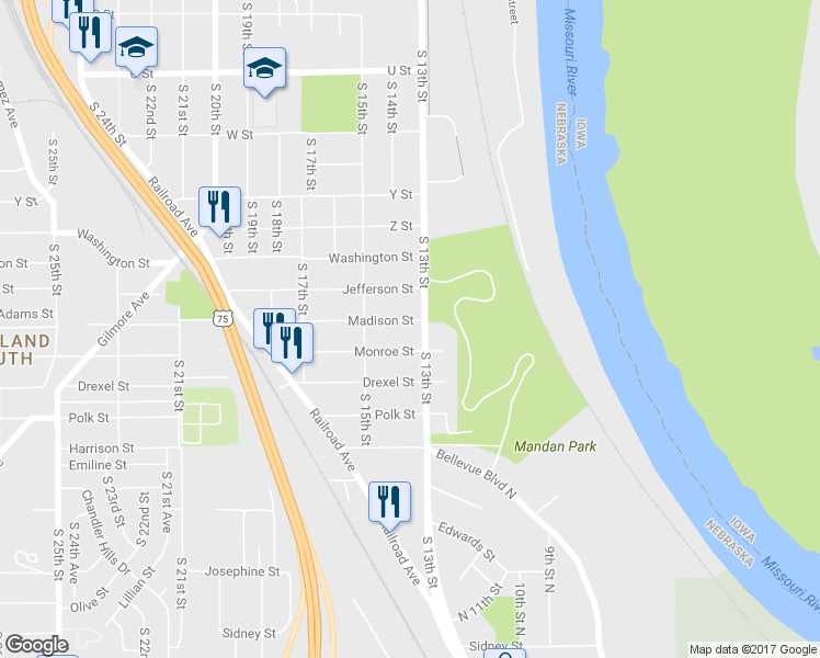 map of restaurants, bars, coffee shops, grocery stores, and more near 1309 Madison Street in Omaha
