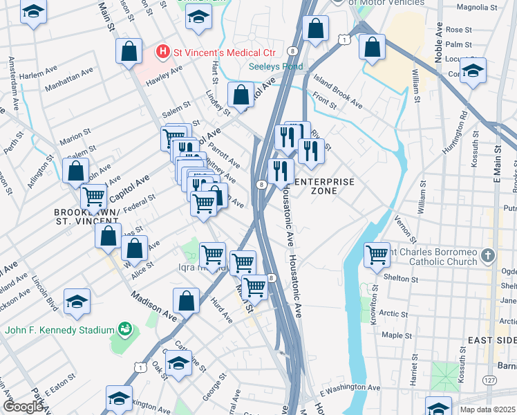 map of restaurants, bars, coffee shops, grocery stores, and more near 732 North Avenue in Bridgeport