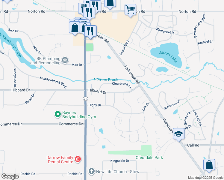 map of restaurants, bars, coffee shops, grocery stores, and more near 1853 Hibbard Drive in Stow