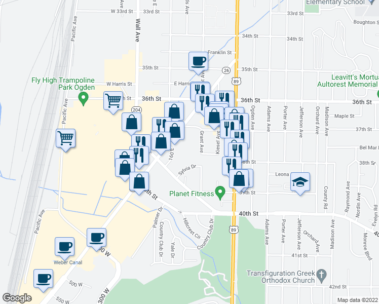 map of restaurants, bars, coffee shops, grocery stores, and more near 3755 Grant Avenue in Ogden