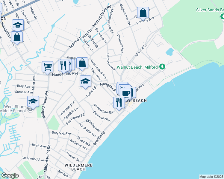 map of restaurants, bars, coffee shops, grocery stores, and more near 98 Naugatuck Avenue in Milford