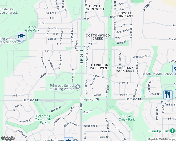 map of restaurants, bars, coffee shops, grocery stores, and more near 6321 South 191st Terrace in Omaha