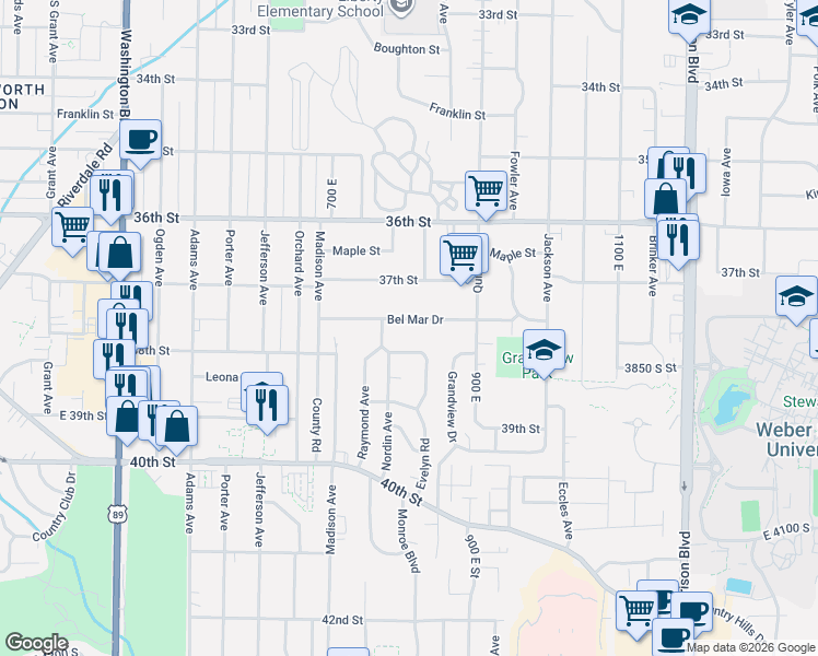 map of restaurants, bars, coffee shops, grocery stores, and more near 795 Bel Mar Drive in Ogden