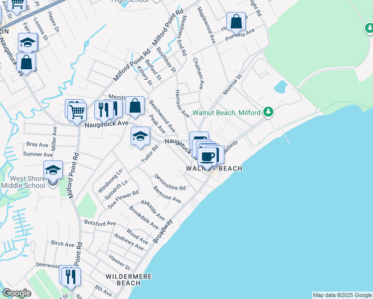 map of restaurants, bars, coffee shops, grocery stores, and more near 98 Naugatuck Avenue in Milford