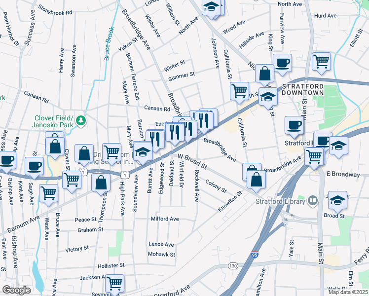 map of restaurants, bars, coffee shops, grocery stores, and more near 1720b Barnum Avenue in Stratford