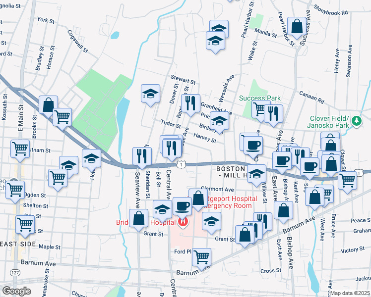 map of restaurants, bars, coffee shops, grocery stores, and more near 645 North Ridgefield Avenue in Bridgeport