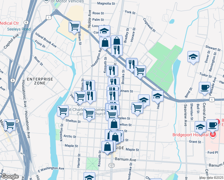 map of restaurants, bars, coffee shops, grocery stores, and more near 308 Putnam Street in Bridgeport