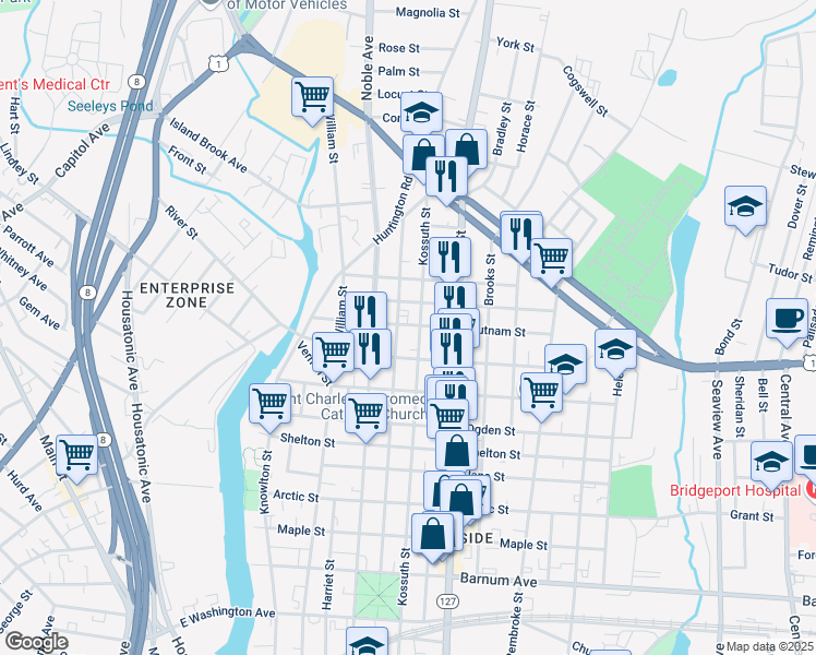 map of restaurants, bars, coffee shops, grocery stores, and more near 1168 Kossuth Street in Bridgeport
