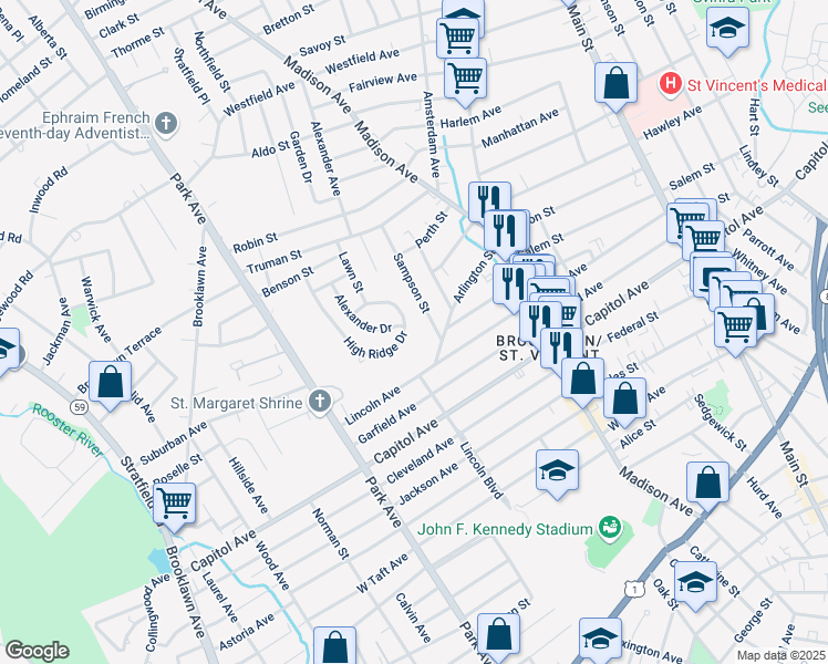 map of restaurants, bars, coffee shops, grocery stores, and more near 31 Sampson Street in Bridgeport