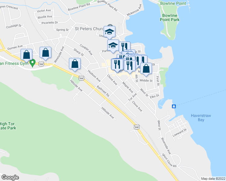 map of restaurants, bars, coffee shops, grocery stores, and more near 119 Hudson Avenue in Haverstraw