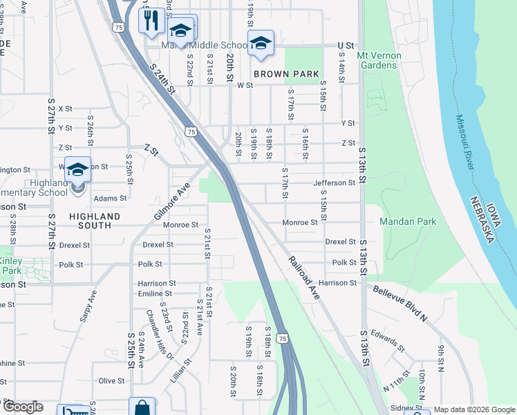 map of restaurants, bars, coffee shops, grocery stores, and more near 1809 Madison Street in Omaha