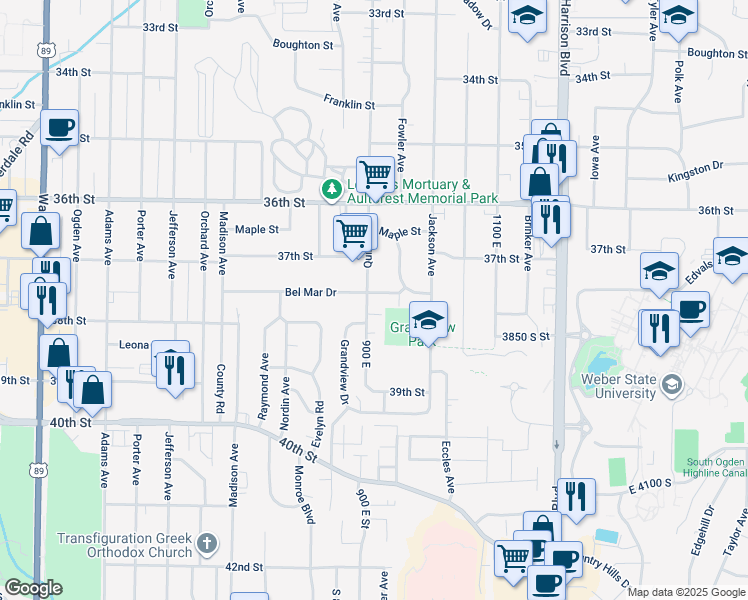 map of restaurants, bars, coffee shops, grocery stores, and more near 3762 Quincy Avenue in Ogden