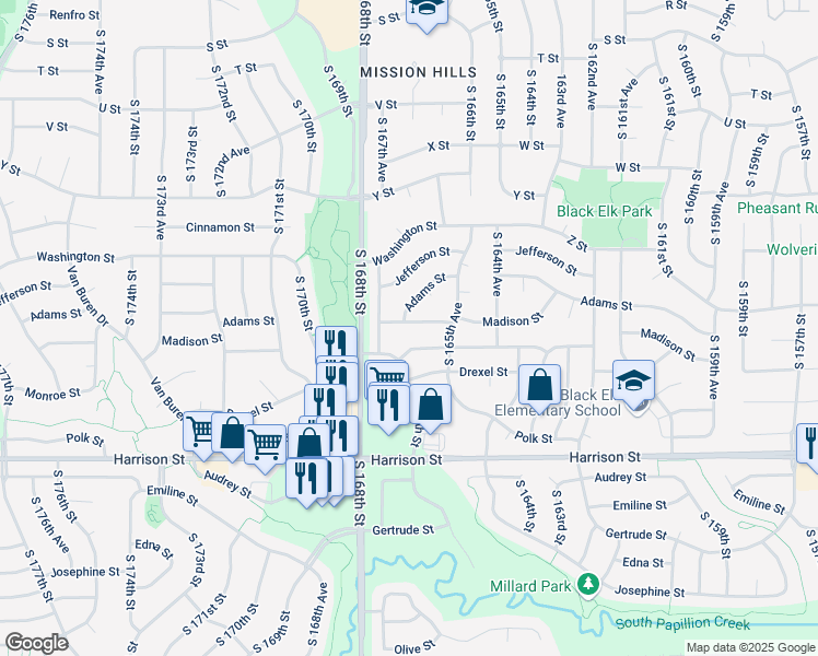 map of restaurants, bars, coffee shops, grocery stores, and more near 16621 Madison Street in Omaha