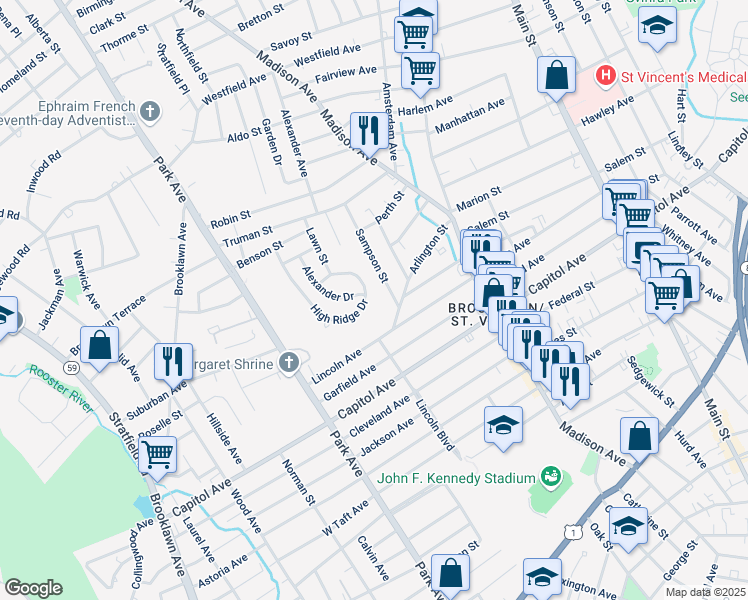 map of restaurants, bars, coffee shops, grocery stores, and more near 31 Sampson Street in Bridgeport