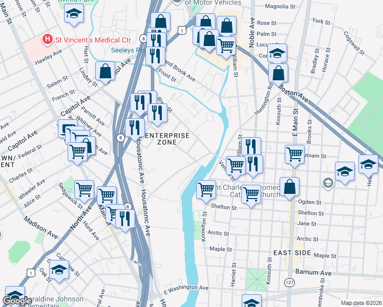 map of restaurants, bars, coffee shops, grocery stores, and more near 90 Lindley Street in Bridgeport