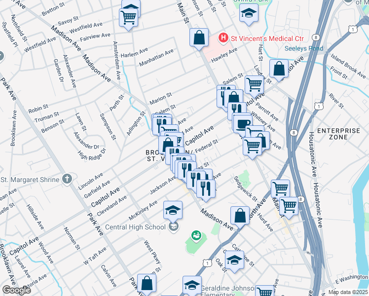 map of restaurants, bars, coffee shops, grocery stores, and more near 775 Capitol Avenue in Bridgeport