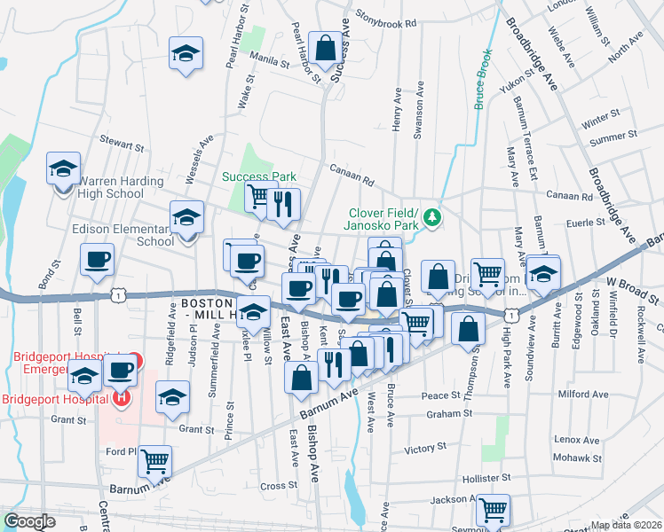 map of restaurants, bars, coffee shops, grocery stores, and more near 347 Kent Avenue in Bridgeport