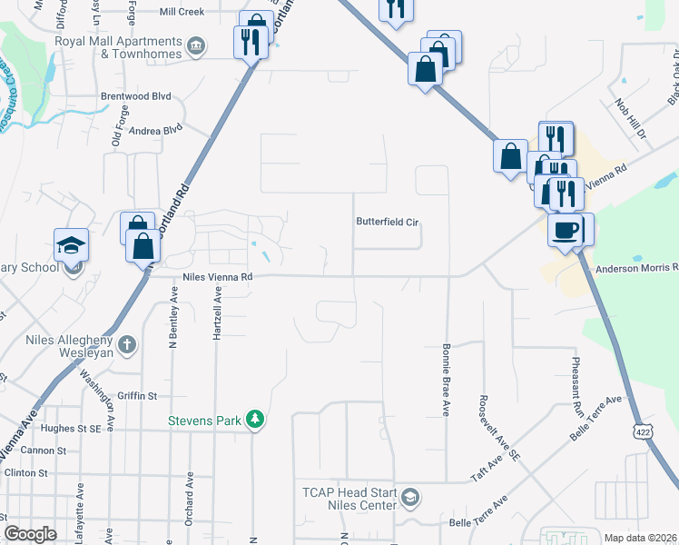 map of restaurants, bars, coffee shops, grocery stores, and more near 1429 Niles Vienna Road in Niles