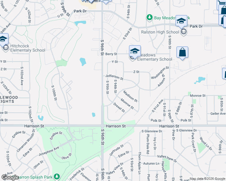 map of restaurants, bars, coffee shops, grocery stores, and more near 6357 South 94th Street in Omaha