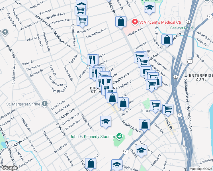 map of restaurants, bars, coffee shops, grocery stores, and more near in Bridgeport