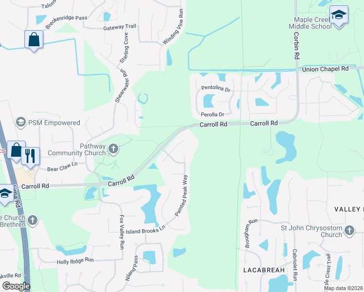 map of restaurants, bars, coffee shops, grocery stores, and more near 12186 Firekat Cove in Fort Wayne