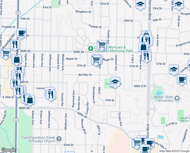 map of restaurants, bars, coffee shops, grocery stores, and more near 883 Bel Mar Drive in Ogden