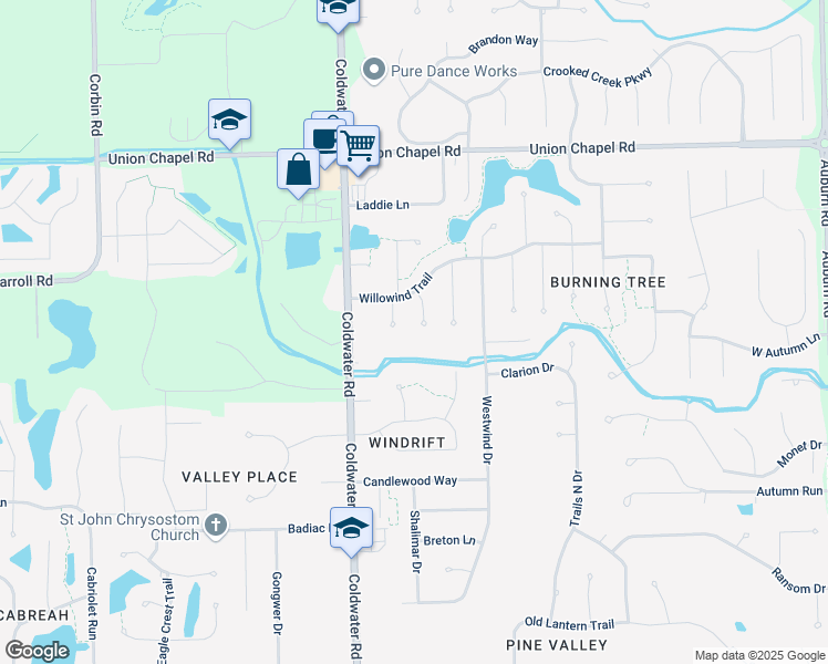 map of restaurants, bars, coffee shops, grocery stores, and more near 12106 Cove Crest in Fort Wayne