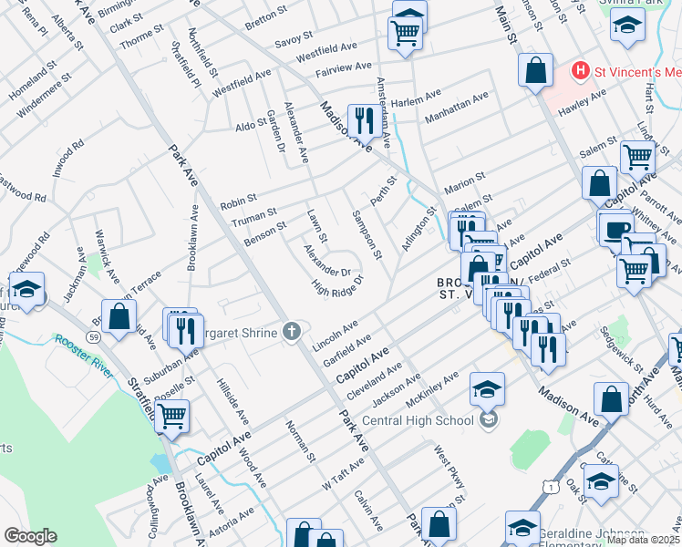 map of restaurants, bars, coffee shops, grocery stores, and more near 53 Alexander Drive in Bridgeport