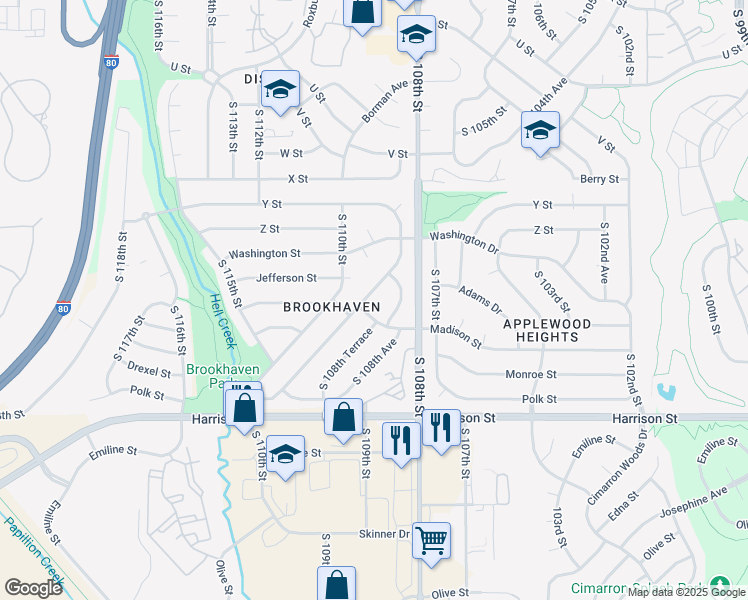 map of restaurants, bars, coffee shops, grocery stores, and more near 6424 South 109th Street in Omaha